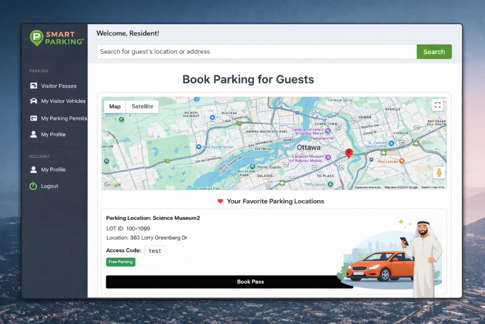 Smart parking app interface with map and car illustration on a blue background